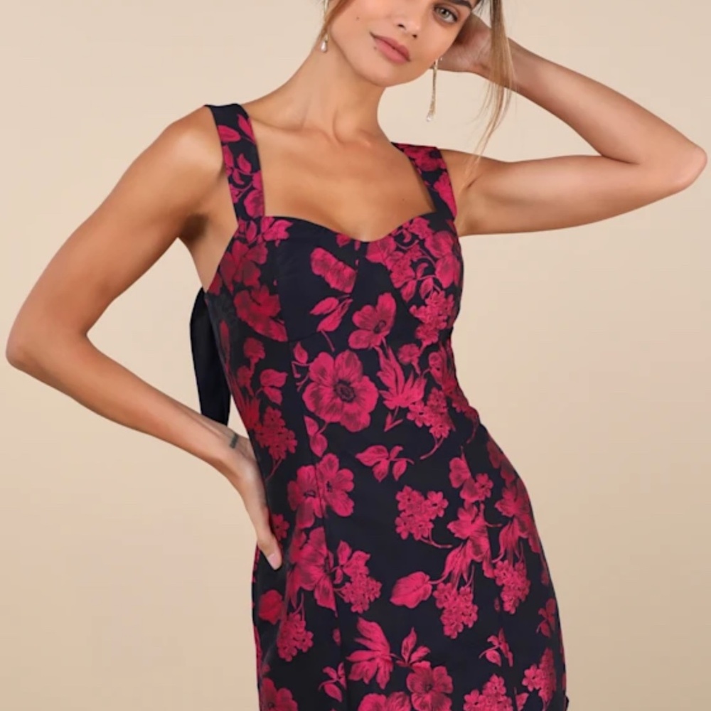 Lovely Intuition Navy and Magenta Jacquard Tie-Strap Mini Dress